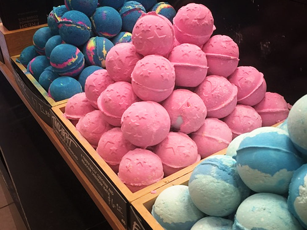 Bins of bath bombs from Lush.