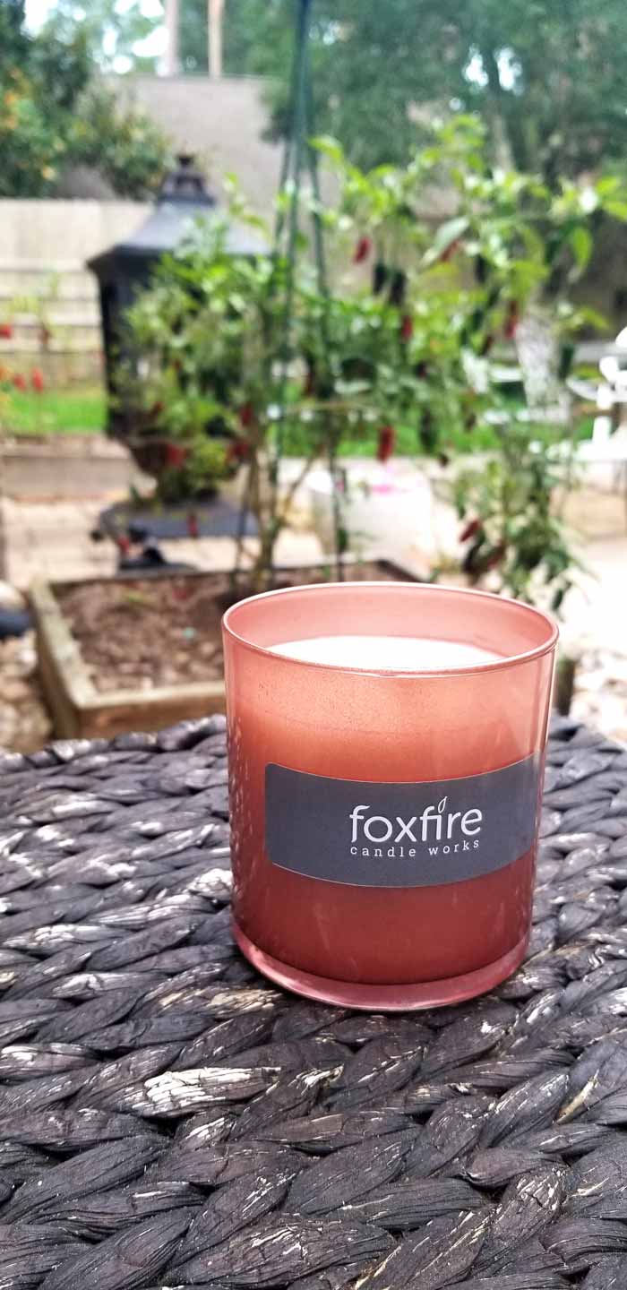 White soy candle in glass rose gold container with foxfire candle works label sitting in front of a raised garden bed.