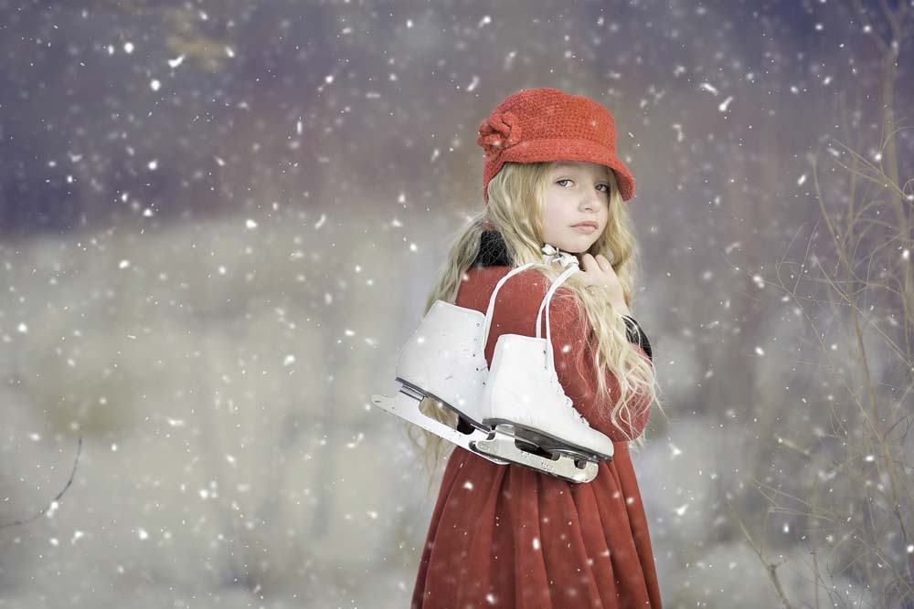 Girl with red coat going ice skating
