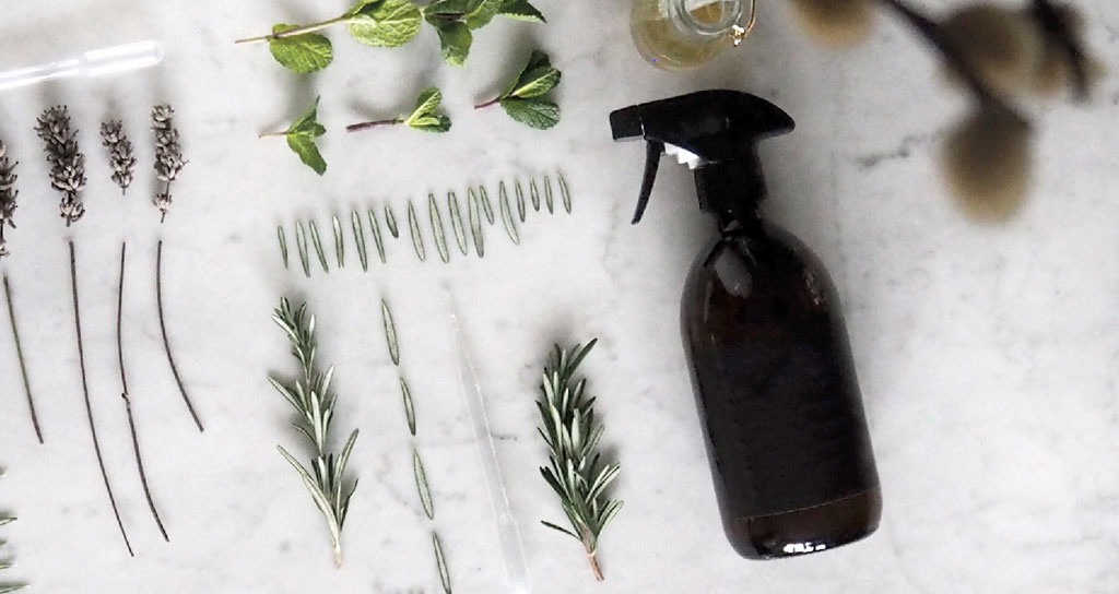 Flat Lay of Spray bottle and herbs on a marble countertop