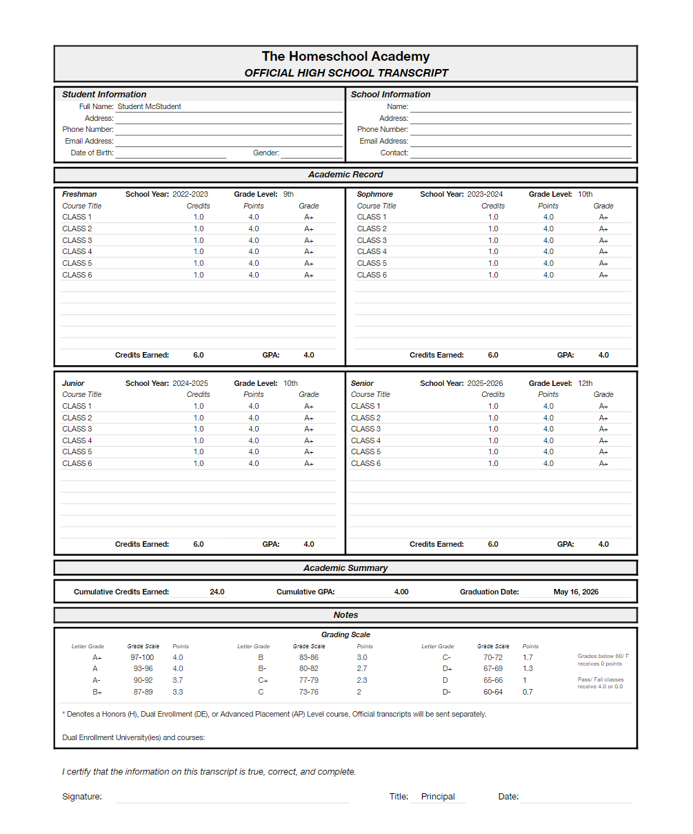 Homeschool High School Transcript Template | Automatically calculate GPA and autofill the transcript from included Gradebooks